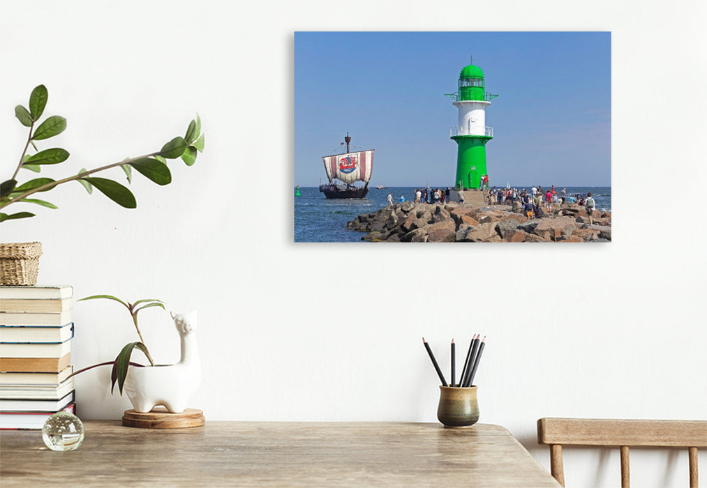 Premium Textil-Leinwand Hansekogge, Ostsee, Molenfeuer, Warnemünde, Rostock