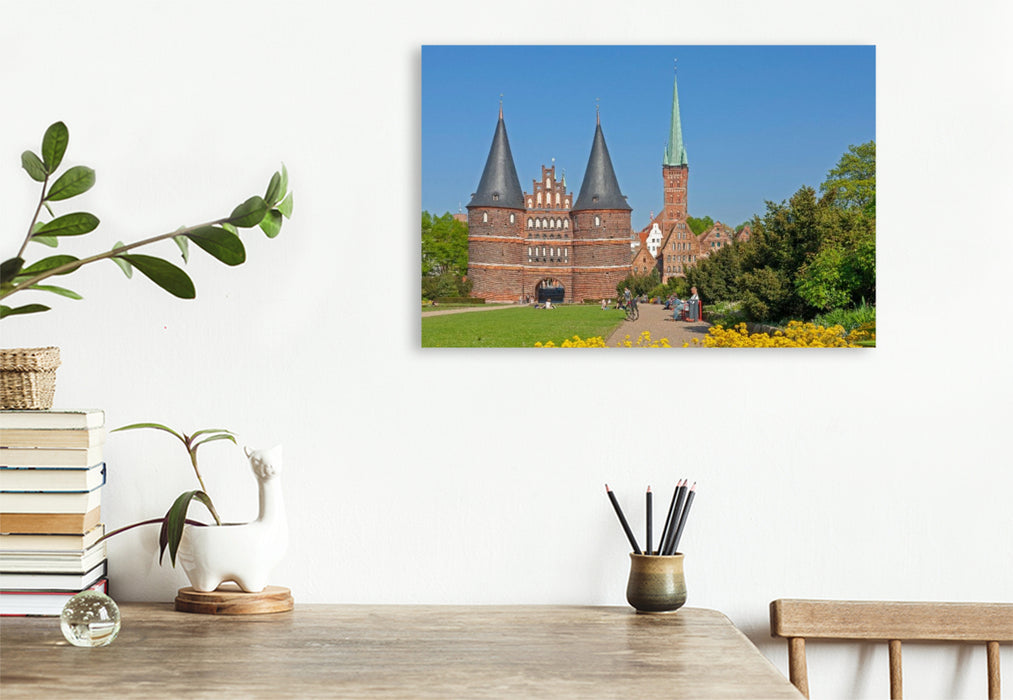 Premium Textil-Leinwand Holstentor, Petrikirche, Salzspeicher, Lübeck