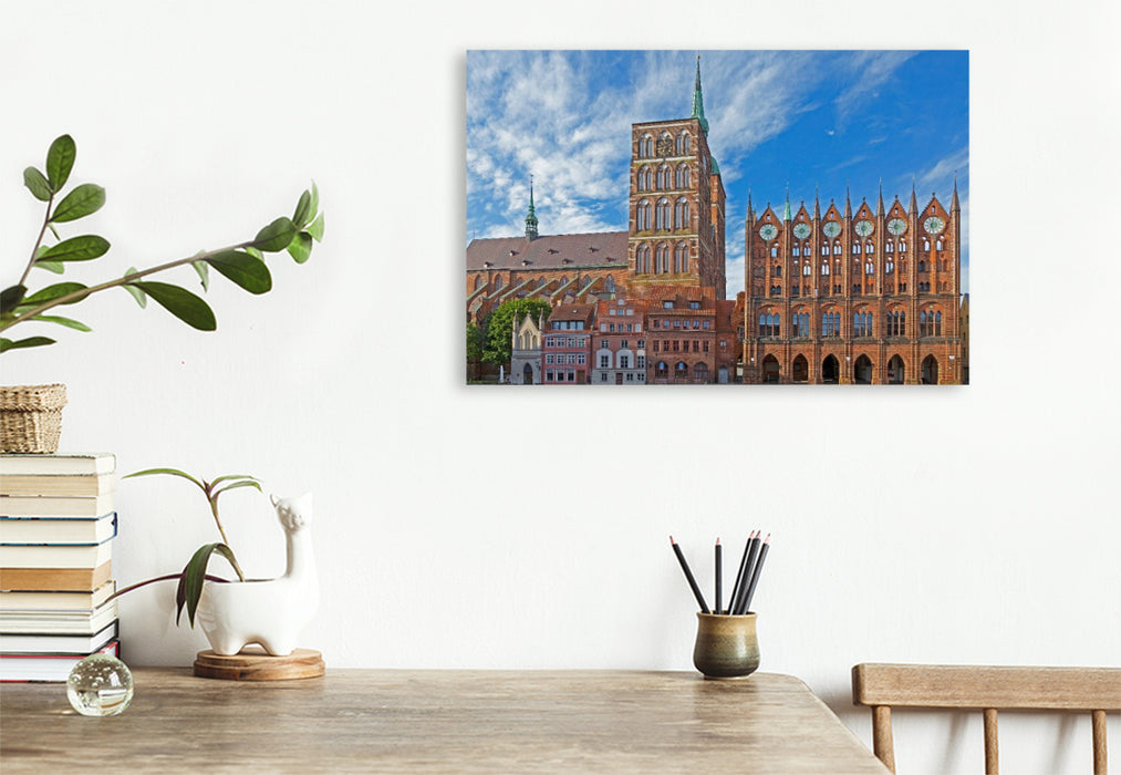 Premium Textil-Leinwand Nikolaikirche, Rathaus, Alter Markt, Stralsund