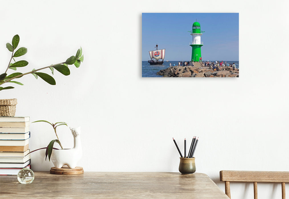 Premium Textil-Leinwand Hansekogge, Ostsee, Molenfeuer, Warnemünde, Rostock