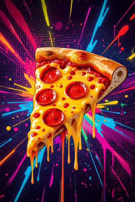 Premium Textil-Leinwand Pizza Slice im Farbgewitter