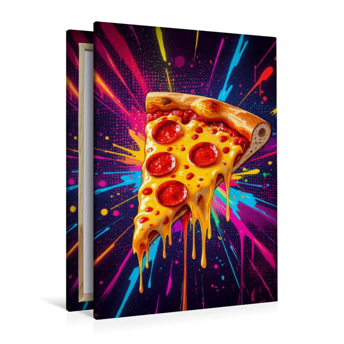 Premium Textil-Leinwand Pizza Slice im Farbgewitter