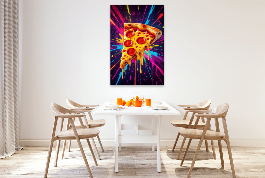 Premium Textil-Leinwand Pizza Slice im Farbgewitter