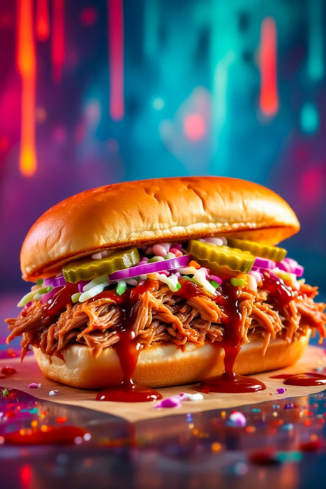 Premium Textil-Leinwand Pulled Pork Burger im Farbfeuer