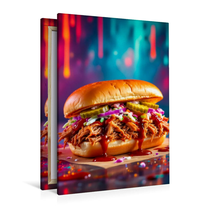 Premium Textil-Leinwand Pulled Pork Burger im Farbfeuer
