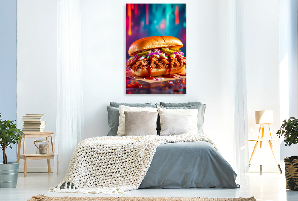 Premium Textil-Leinwand Pulled Pork Burger im Farbfeuer