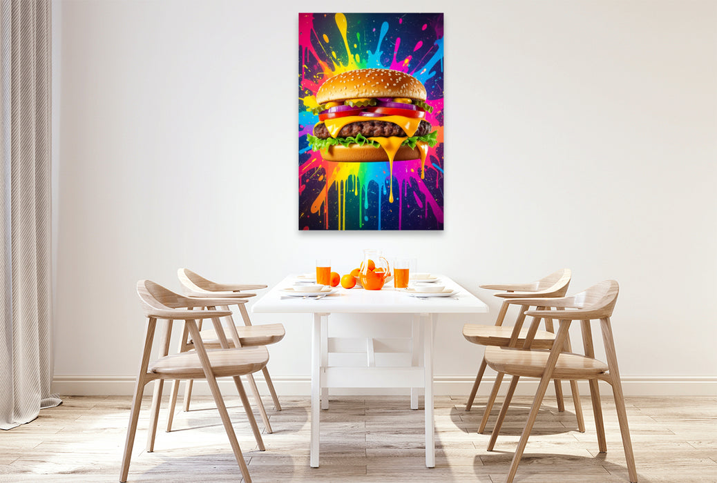 Premium Textil-Leinwand Cheeseburger im Farbflash