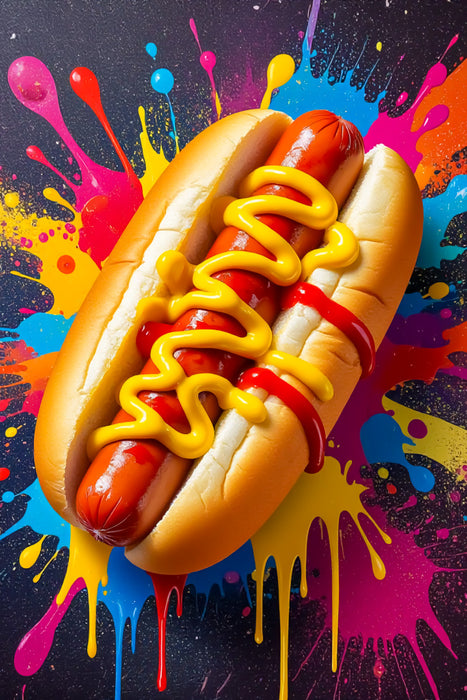 Premium Textil-Leinwand Hot Dog im Farbsturm