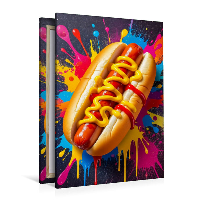 Premium Textil-Leinwand Hot Dog im Farbsturm