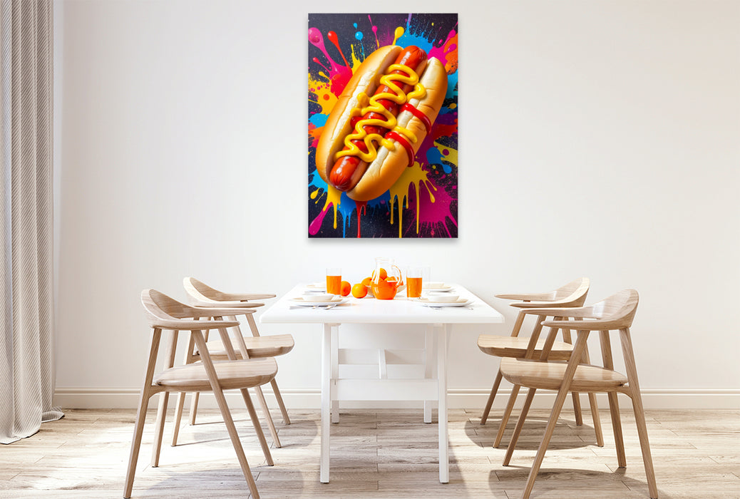 Premium Textil-Leinwand Hot Dog im Farbsturm