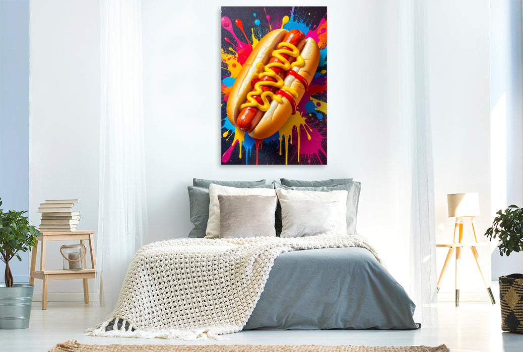 Premium Textil-Leinwand Hot Dog im Farbsturm