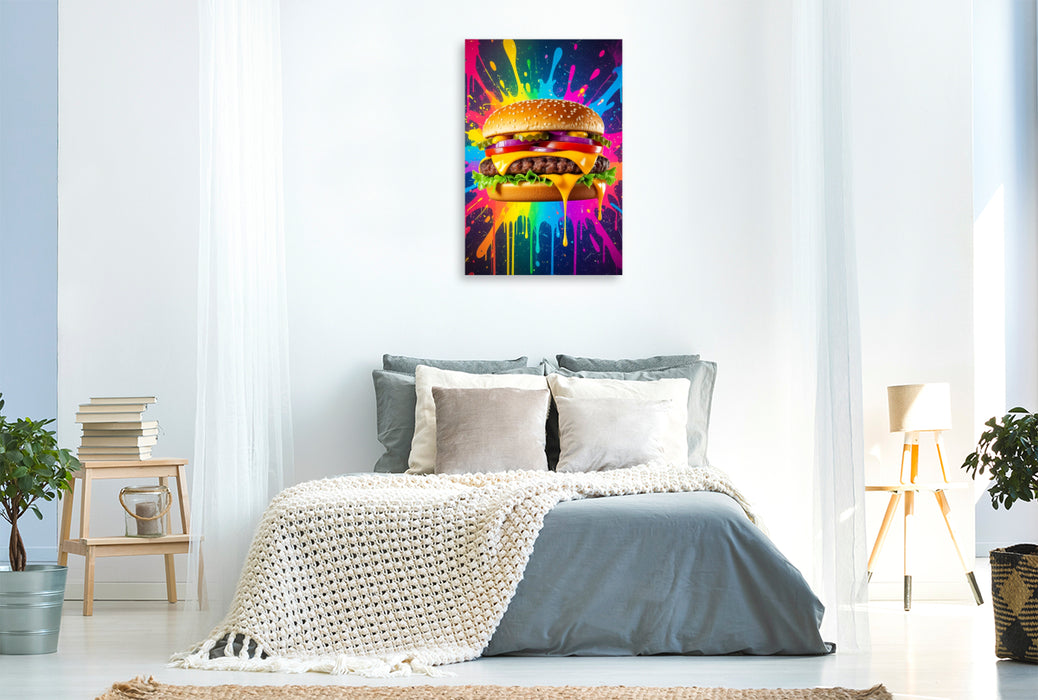 Premium Textil-Leinwand Cheeseburger im Farbflash