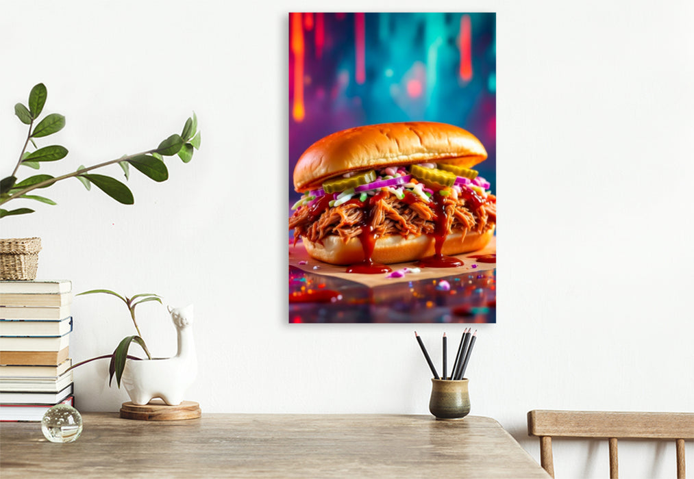 Premium Textil-Leinwand Pulled Pork Burger im Farbfeuer