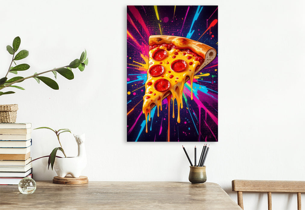 Premium Textil-Leinwand Pizza Slice im Farbgewitter