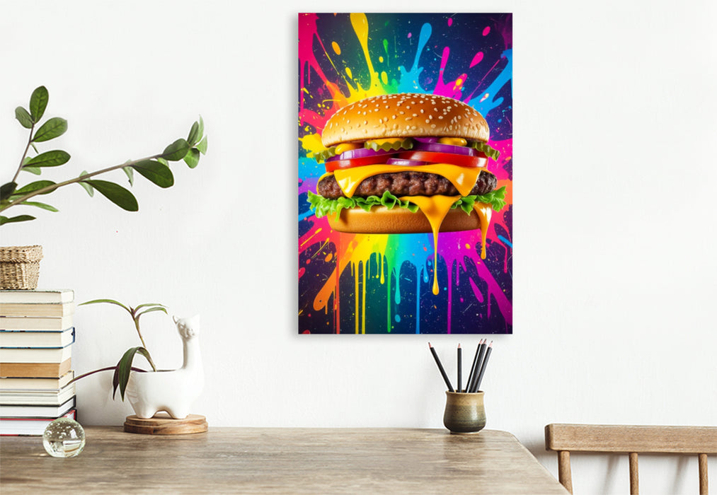 Premium Textil-Leinwand Cheeseburger im Farbflash