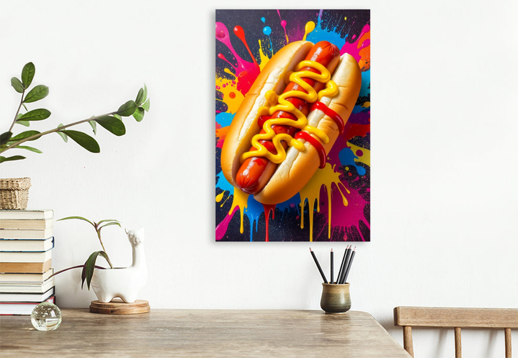 Premium Textil-Leinwand Hot Dog im Farbsturm