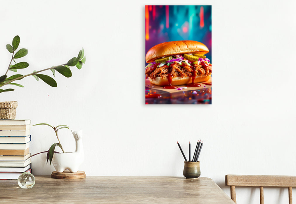 Premium Textil-Leinwand Pulled Pork Burger im Farbfeuer