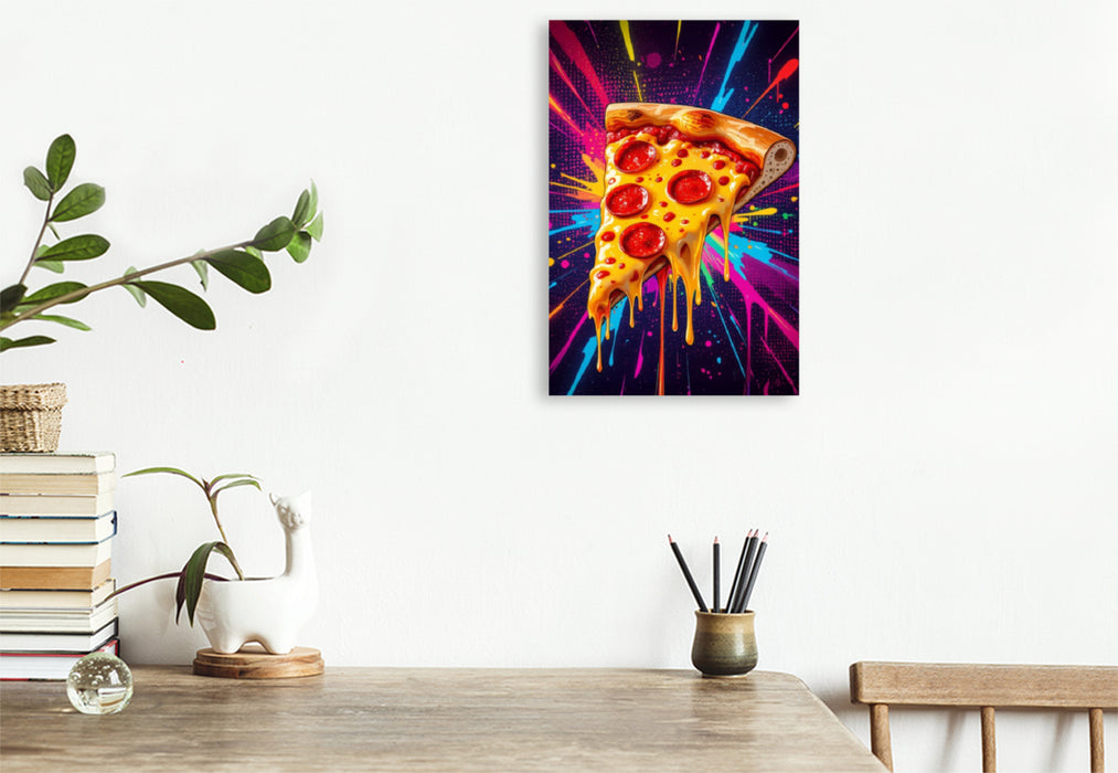Premium Textil-Leinwand Pizza Slice im Farbgewitter
