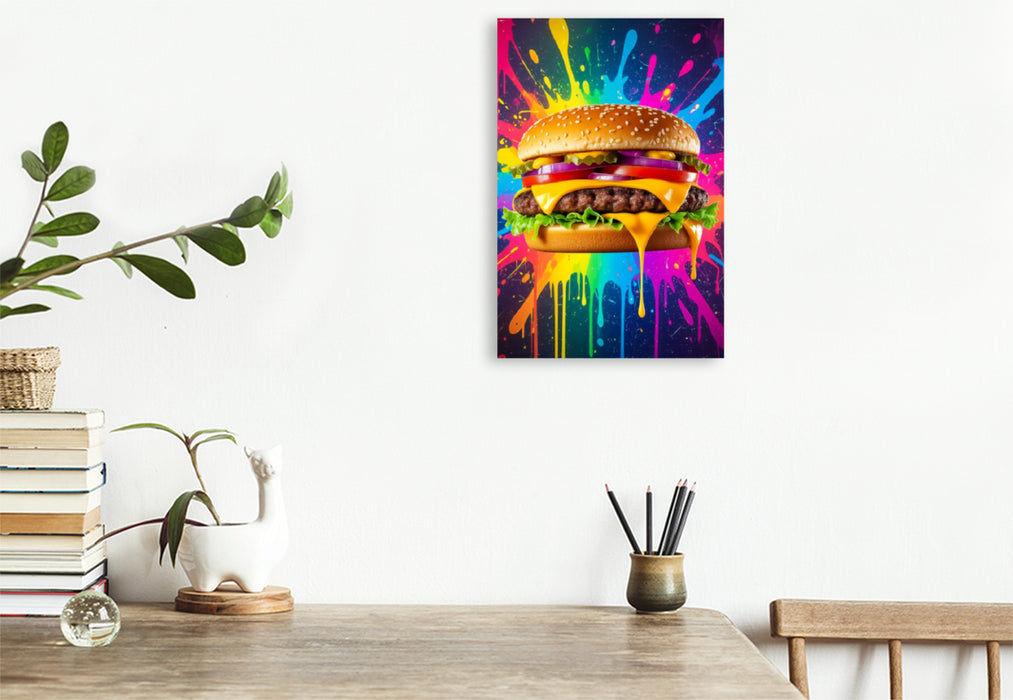 Premium Textil-Leinwand Cheeseburger im Farbflash