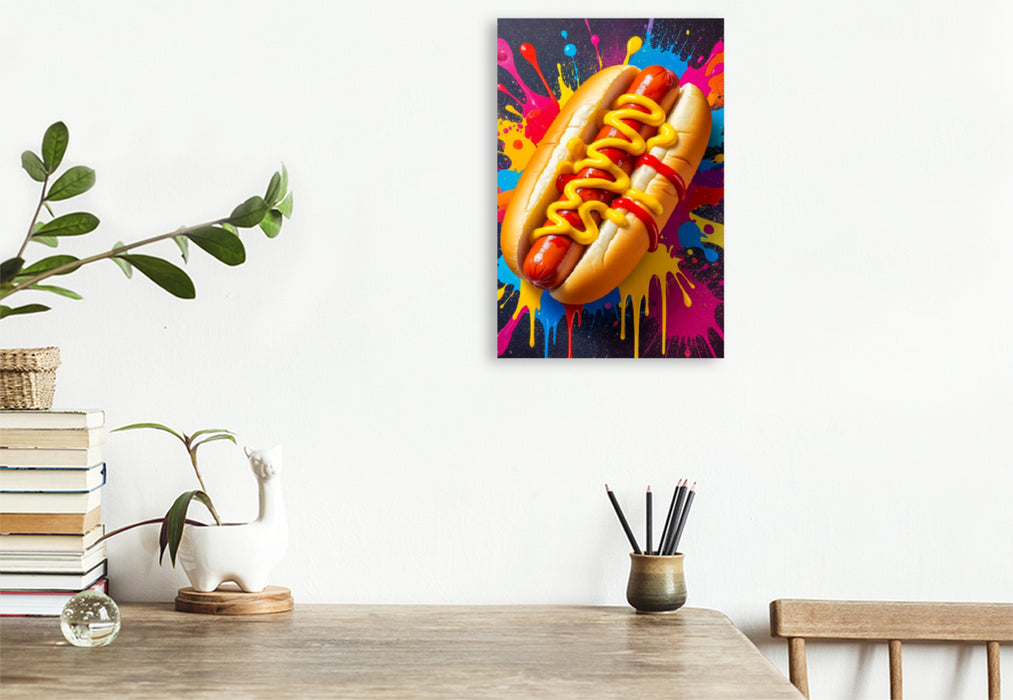 Premium Textil-Leinwand Hot Dog im Farbsturm