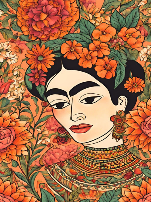 Blühende Stärke. Frida Kahlo inspiriert. Frauenporträt in warmen Blumentönen - CALVENDO Foto-Puzzle'