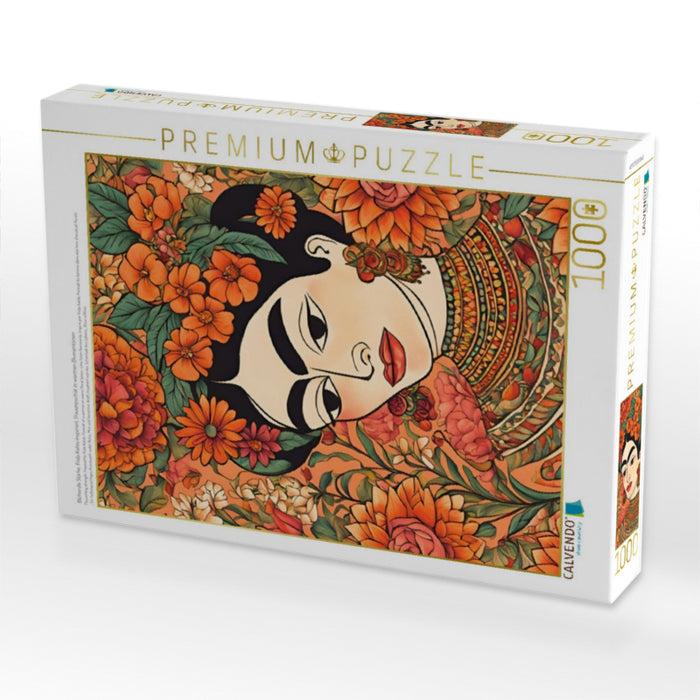 Blühende Stärke. Frida Kahlo inspiriert. Frauenporträt in warmen Blumentönen - CALVENDO Foto-Puzzle'