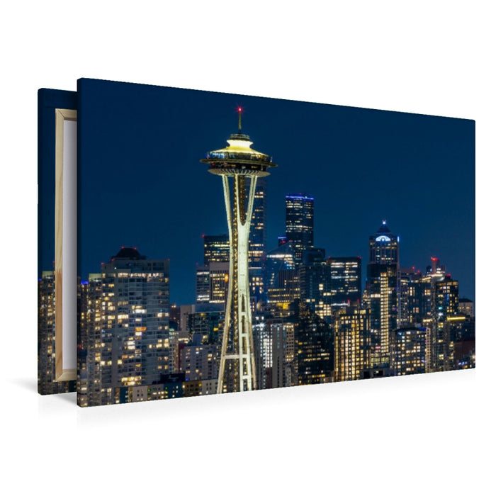 Premium Textil-Leinwand Atemberaubende Skyline von Seattle zur blauen Stunde