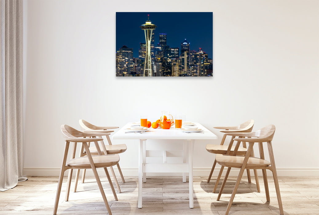 Premium Textil-Leinwand Atemberaubende Skyline von Seattle zur blauen Stunde