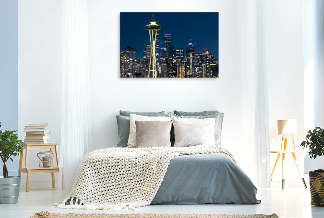 Premium Textil-Leinwand Atemberaubende Skyline von Seattle zur blauen Stunde