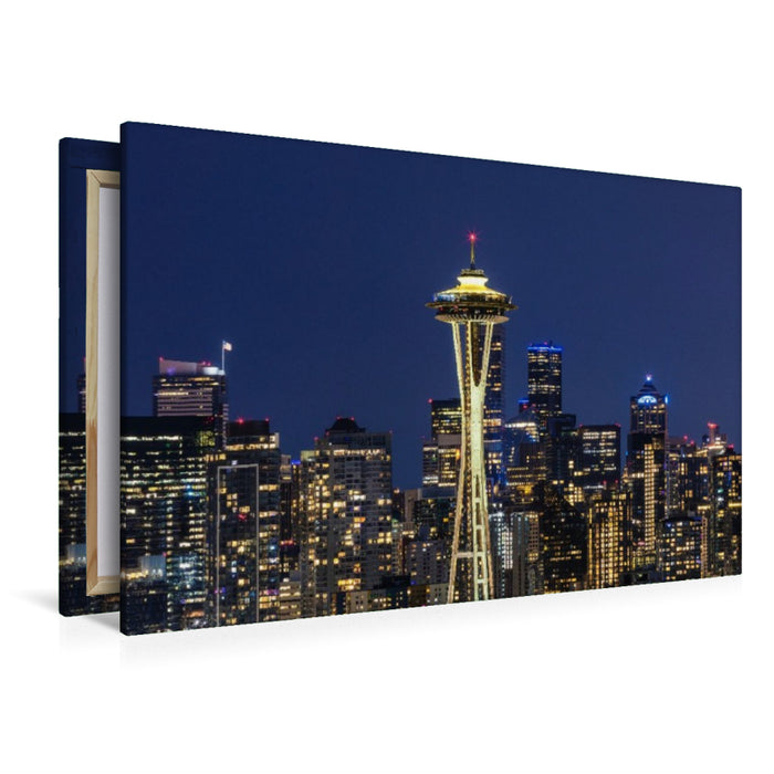 Premium Textil-Leinwand Atemberaubende Panorama Skyline von Seattle zur blauen Stunde