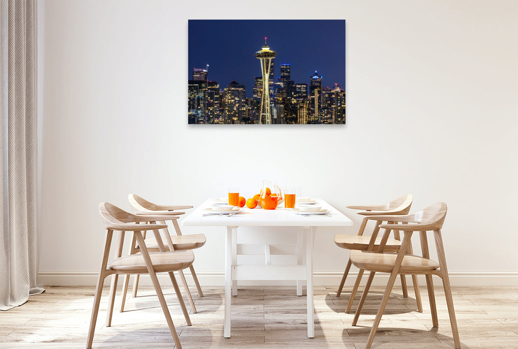 Premium Textil-Leinwand Atemberaubende Panorama Skyline von Seattle zur blauen Stunde