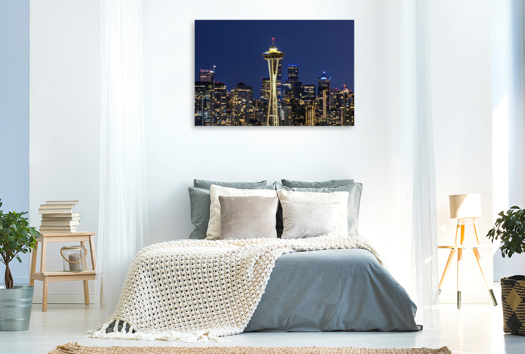 Premium Textil-Leinwand Atemberaubende Panorama Skyline von Seattle zur blauen Stunde