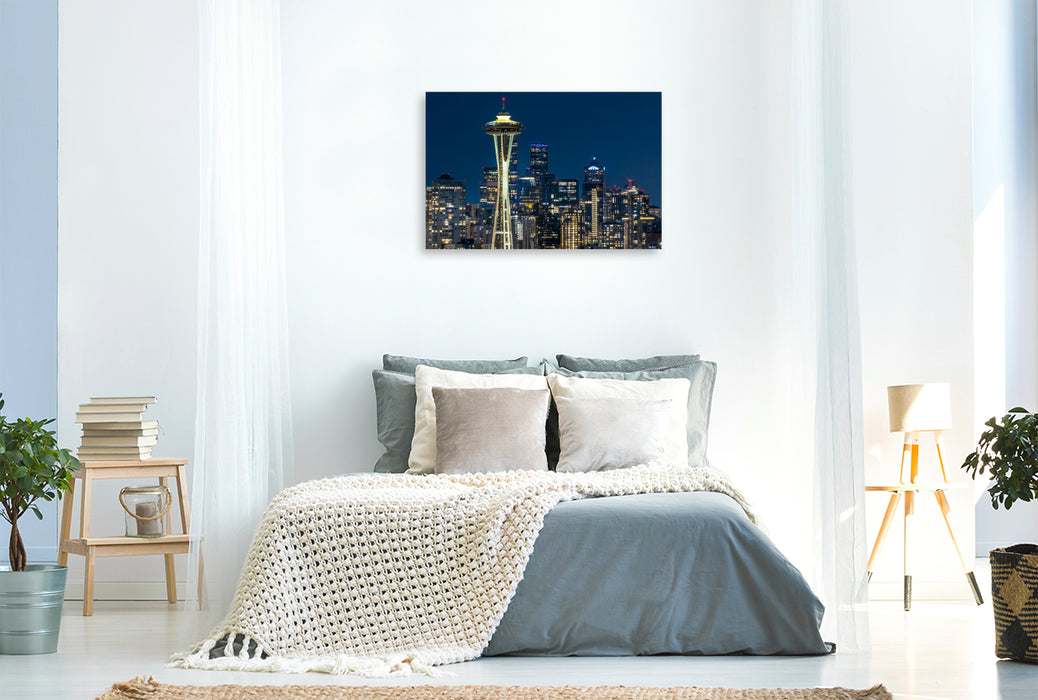 Premium Textil-Leinwand Atemberaubende Skyline von Seattle zur blauen Stunde