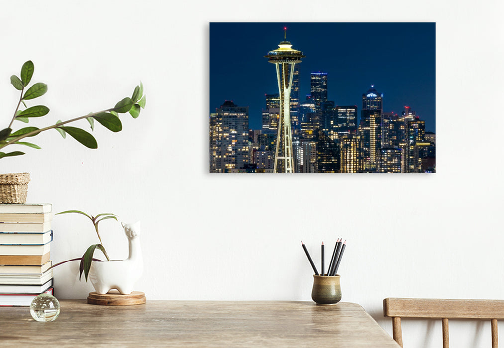 Premium Textil-Leinwand Atemberaubende Skyline von Seattle zur blauen Stunde