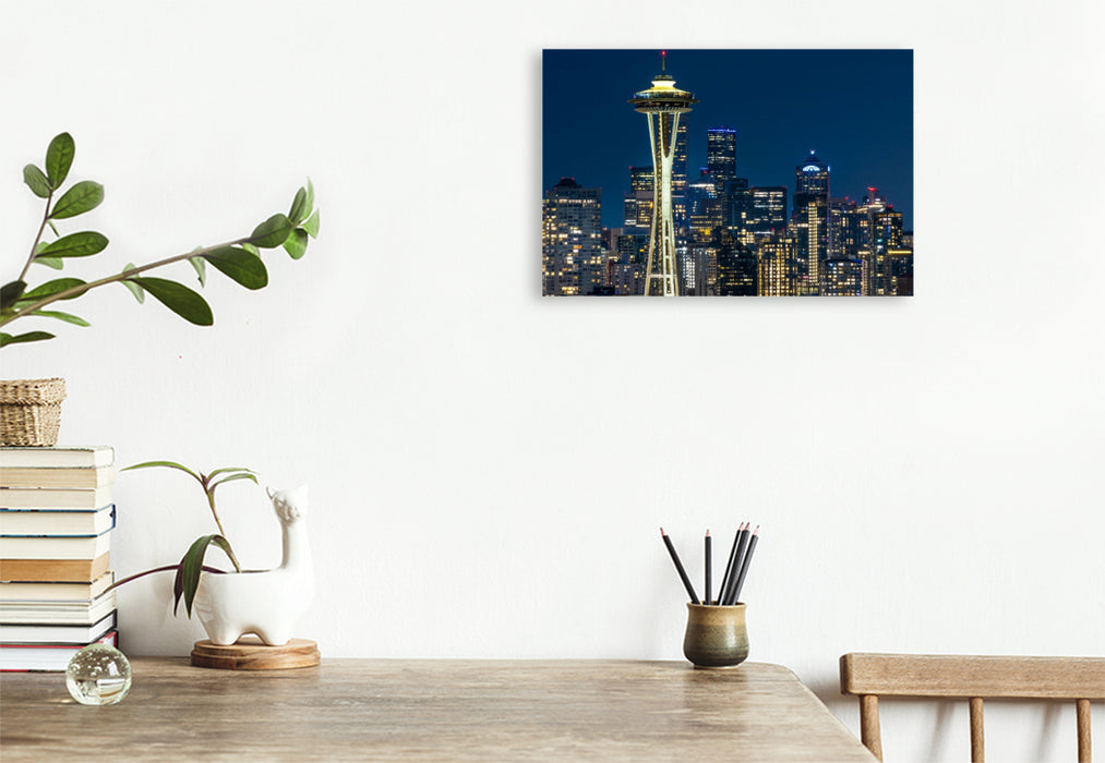 Premium Textil-Leinwand Atemberaubende Skyline von Seattle zur blauen Stunde