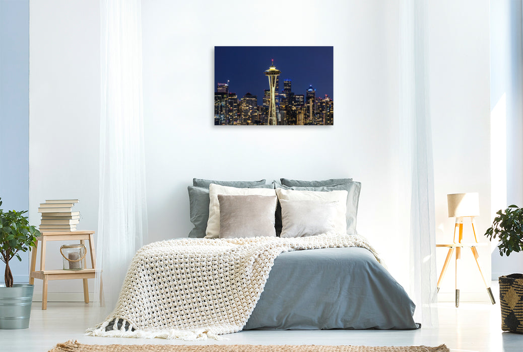 Premium Textil-Leinwand Atemberaubende Panorama Skyline von Seattle zur blauen Stunde