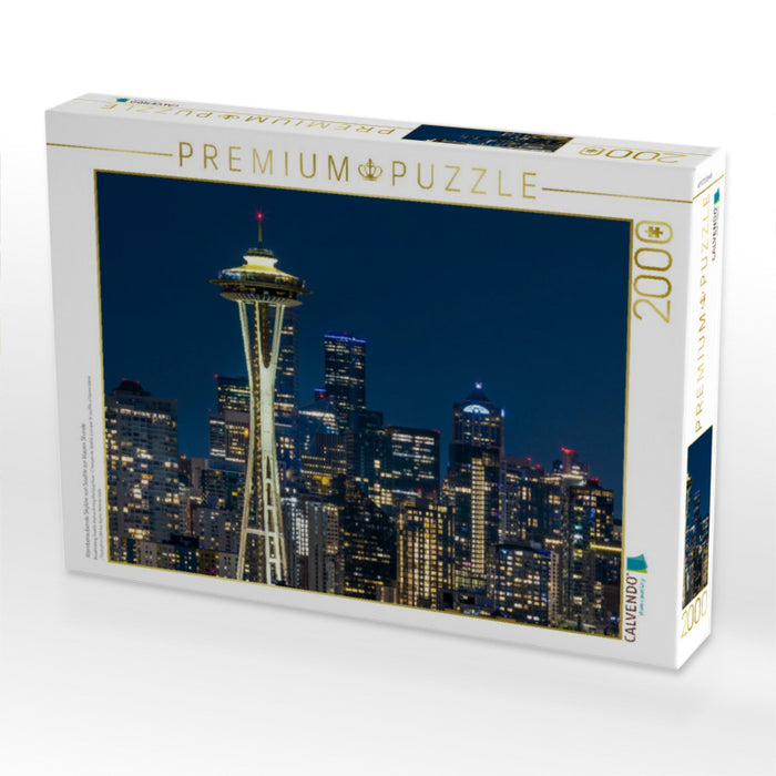 Atemberaubende Skyline von Seattle zur blauen Stunde - CALVENDO Foto-Puzzle'