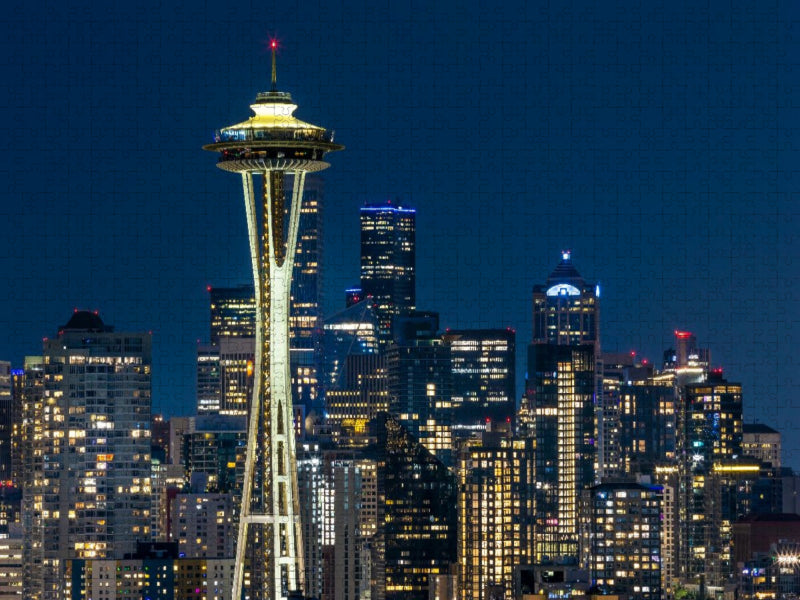 Atemberaubende Skyline von Seattle zur blauen Stunde - CALVENDO Foto-Puzzle'