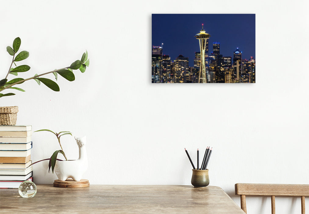 Premium Textil-Leinwand Atemberaubende Panorama Skyline von Seattle zur blauen Stunde