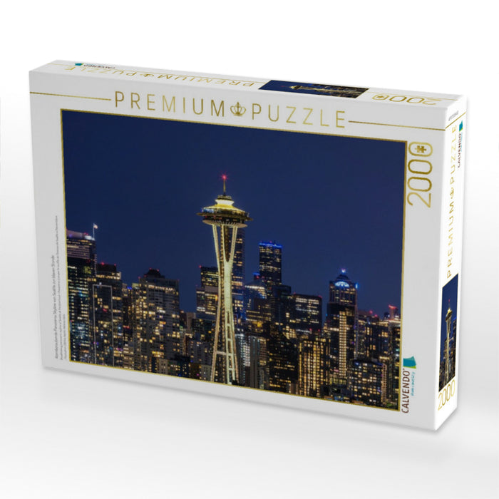 Atemberaubende Panorama Skyline von Seattle zur blauen Stunde - CALVENDO Foto-Puzzle'