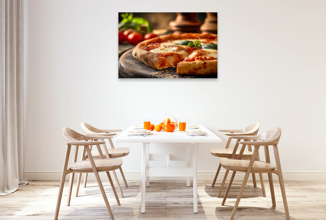 Premium Textil-Leinwand Pizza Margherita, Holzofen Genuss aus Italien