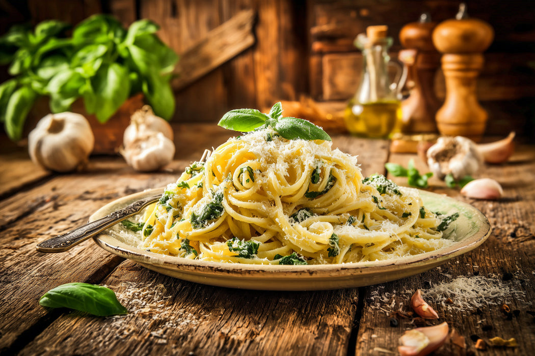 Premium Textil-Leinwand Italienische Pasta, Genuss auf rustikalem Teller