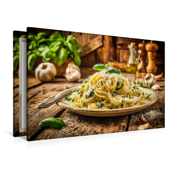 Premium Textil-Leinwand Italienische Pasta, Genuss auf rustikalem Teller