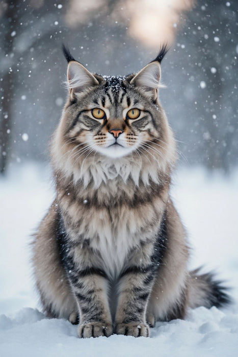 Premium Textil-Leinwand Die Maine Coon Katze sitzt im Schnee und zeigt ihre faszinierende Anmut im winterlichen Licht.