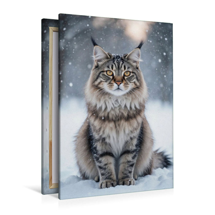 Premium Textil-Leinwand Die Maine Coon Katze sitzt im Schnee und zeigt ihre faszinierende Anmut im winterlichen Licht.