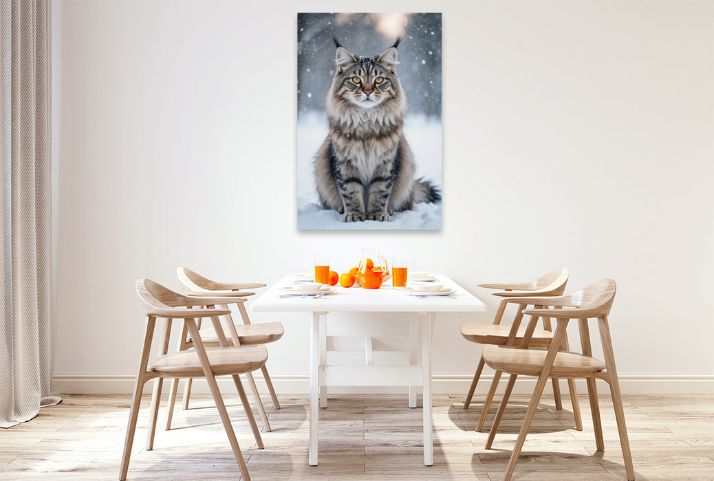 Premium Textil-Leinwand Die Maine Coon Katze sitzt im Schnee und zeigt ihre faszinierende Anmut im winterlichen Licht.