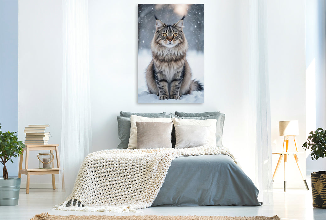 Premium Textil-Leinwand Die Maine Coon Katze sitzt im Schnee und zeigt ihre faszinierende Anmut im winterlichen Licht.