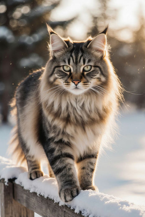 Premium Textil-Leinwand Majestätische Maine Coon Katze im Winter – edles Katzenporträt im Schnee