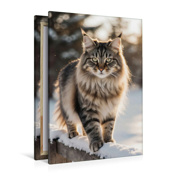 Premium Textil-Leinwand Majestätische Maine Coon Katze im Winter – edles Katzenporträt im Schnee
