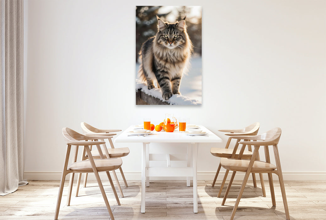 Premium Textil-Leinwand Majestätische Maine Coon Katze im Winter – edles Katzenporträt im Schnee